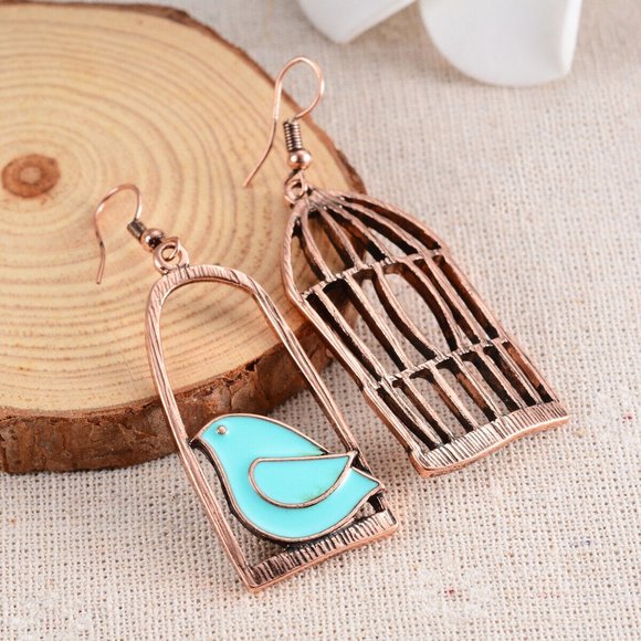 NEW Asymmetric Blue Birdcage Bird Cage Antique Bronze Dangle Earring - Present! - Picture 4 of 8